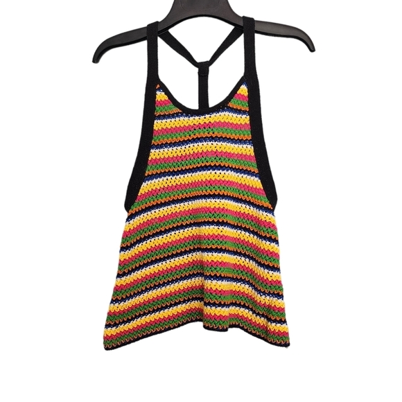 ZARA Knit Multicolor Crochet Oversized Racerback Top Colorful Stripe M - Picture 3 of 7